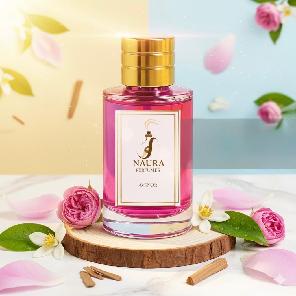 Naura Perfumes bottle with floral decorations on a light background